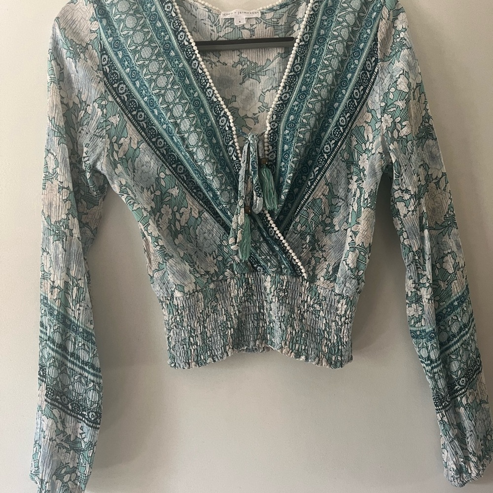 Chic Teal Patterned Women's Blouse